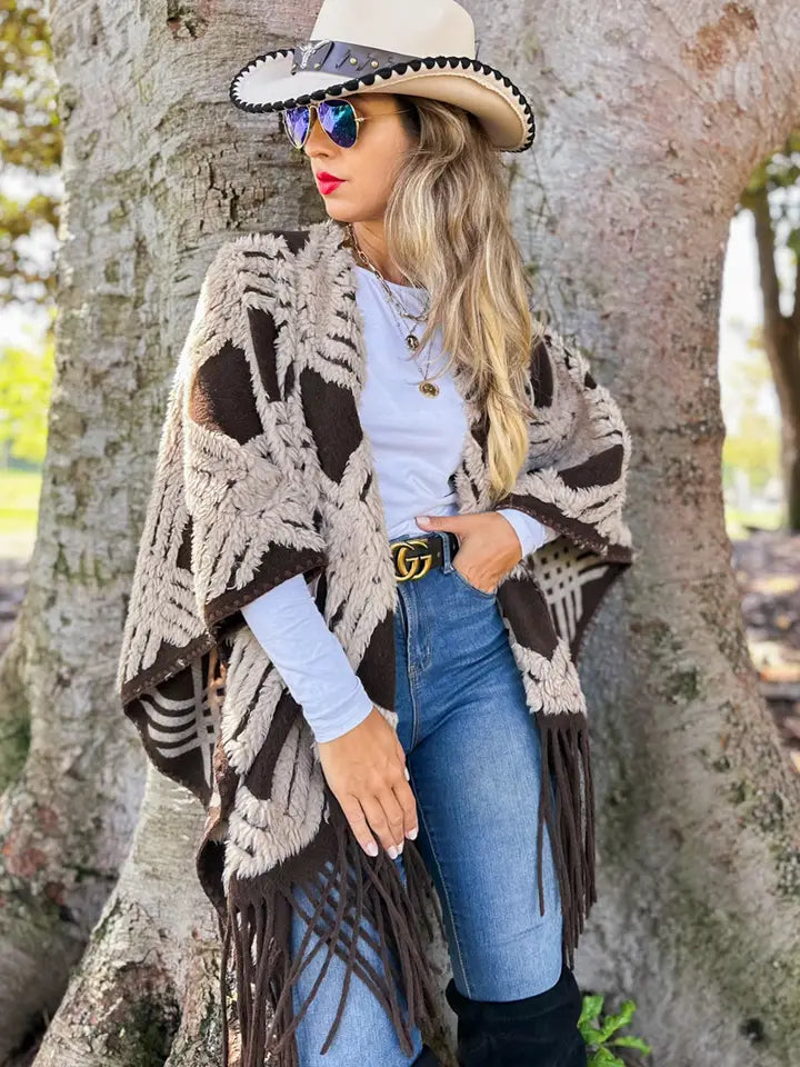 Western Boho 3D Geometric Textured Fringe Ruana