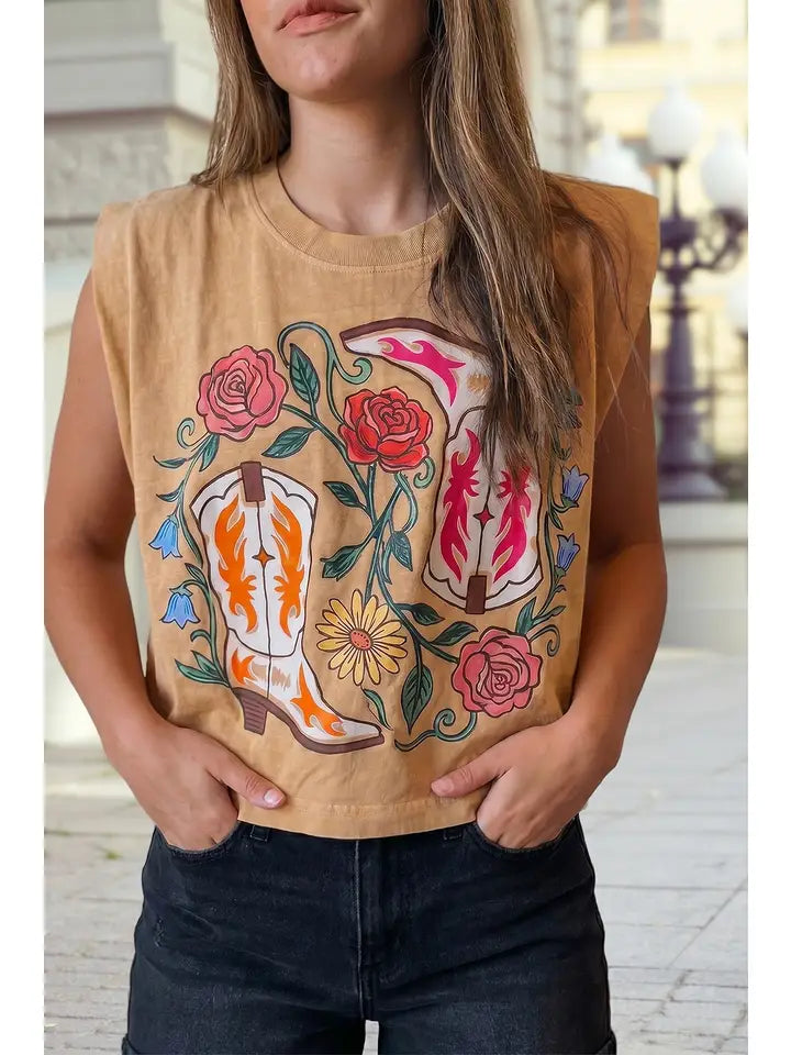 Western Floral Print Sleeveless Round Neck Regular Fit Top