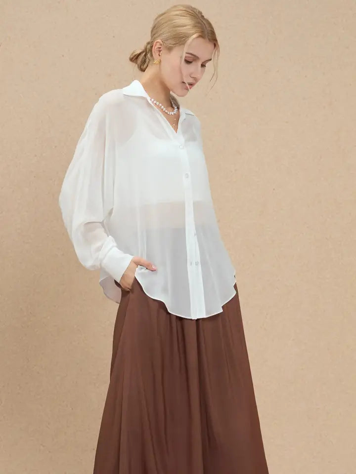 Silk Oversized Pearl Button-Down