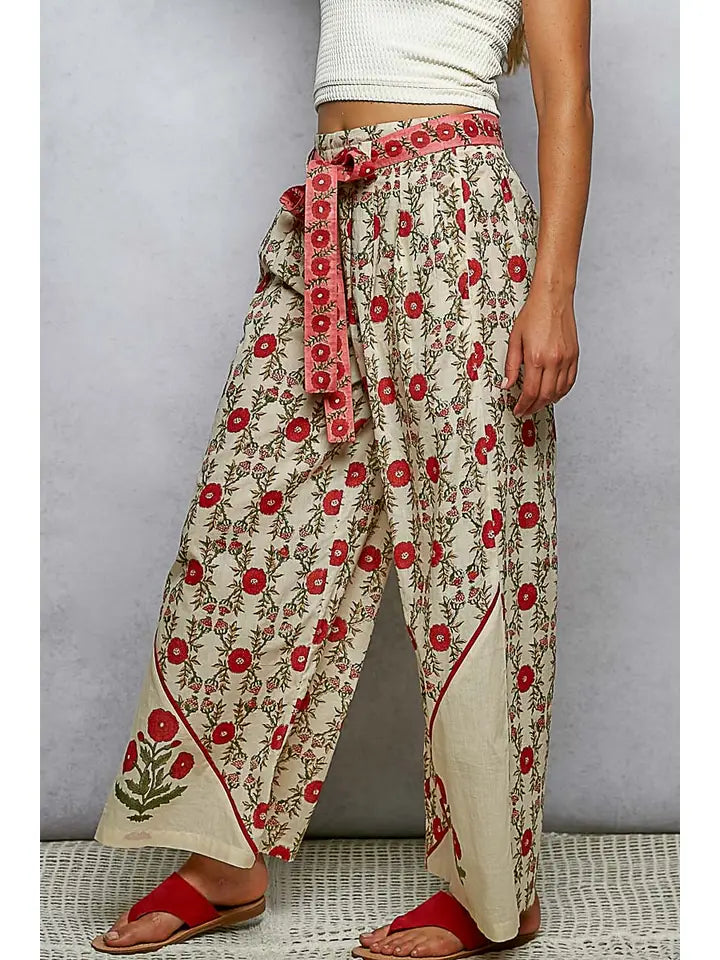 Waist Belt Floral Pattern Straight Fit Pants