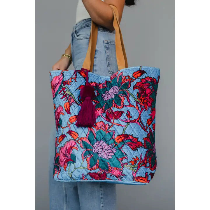 Bright Blue & Multicolored Floral Tote