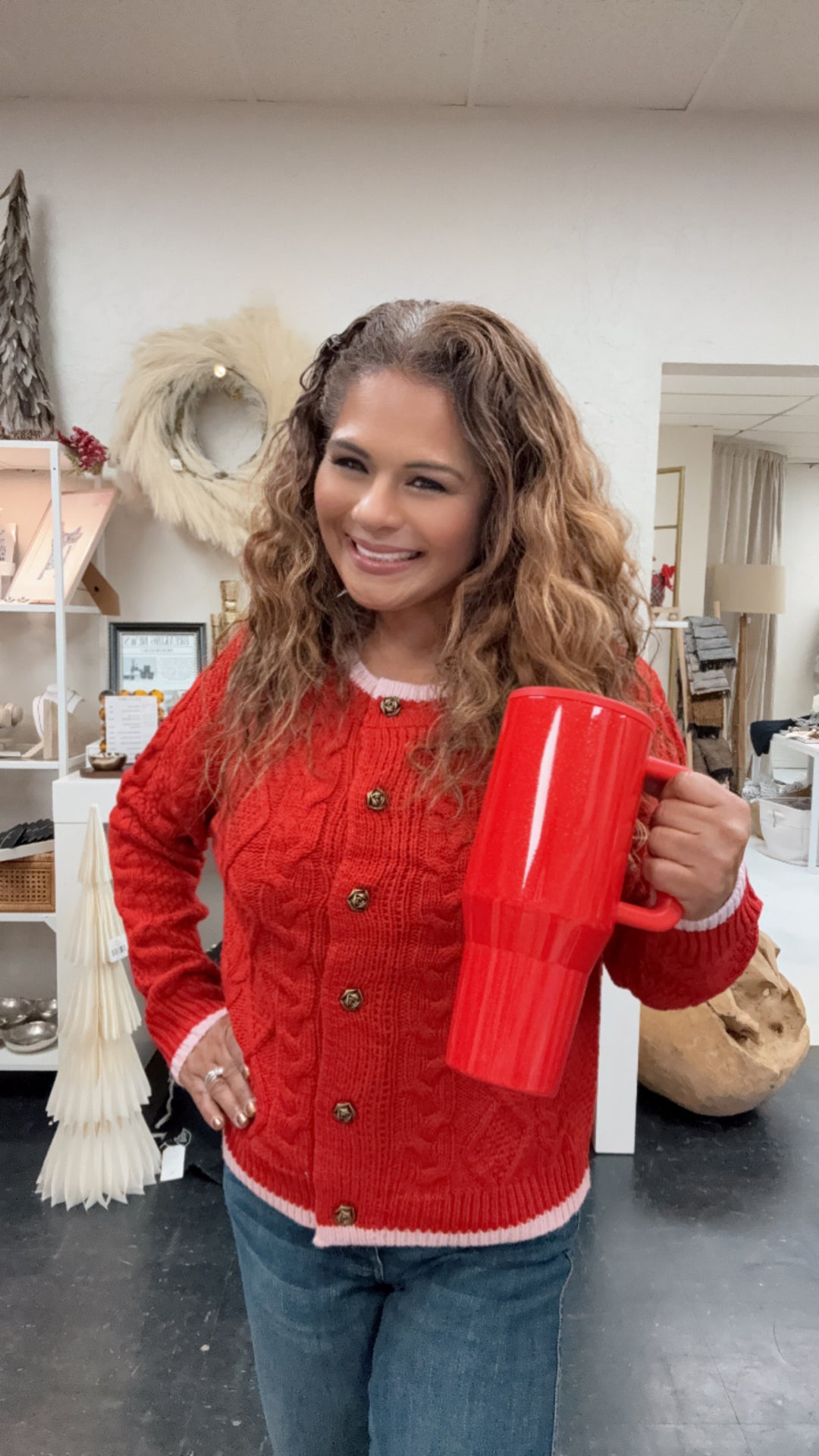 Red Cable Knit Buttoned Cardigan