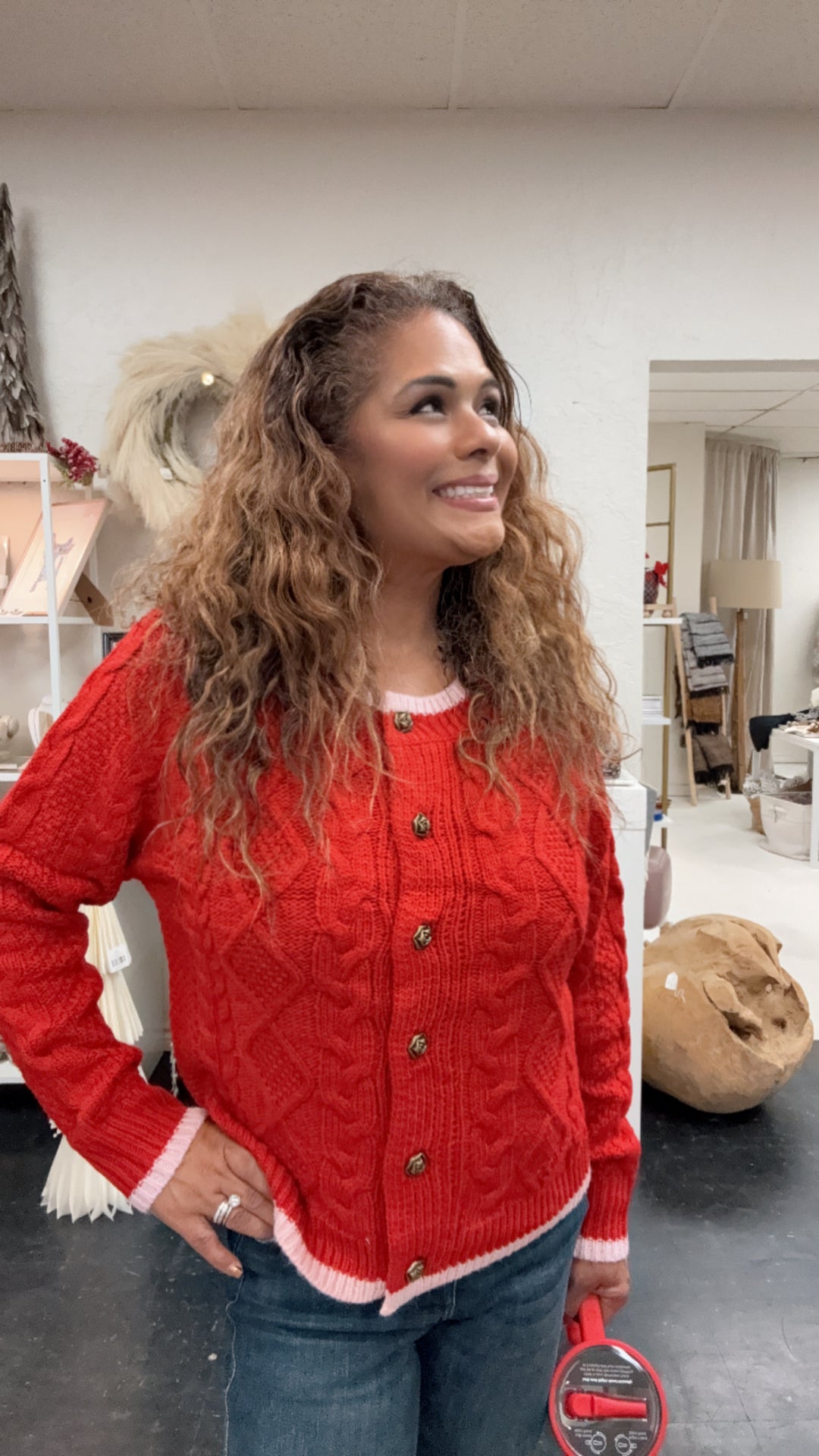 Red Cable Knit Buttoned Cardigan