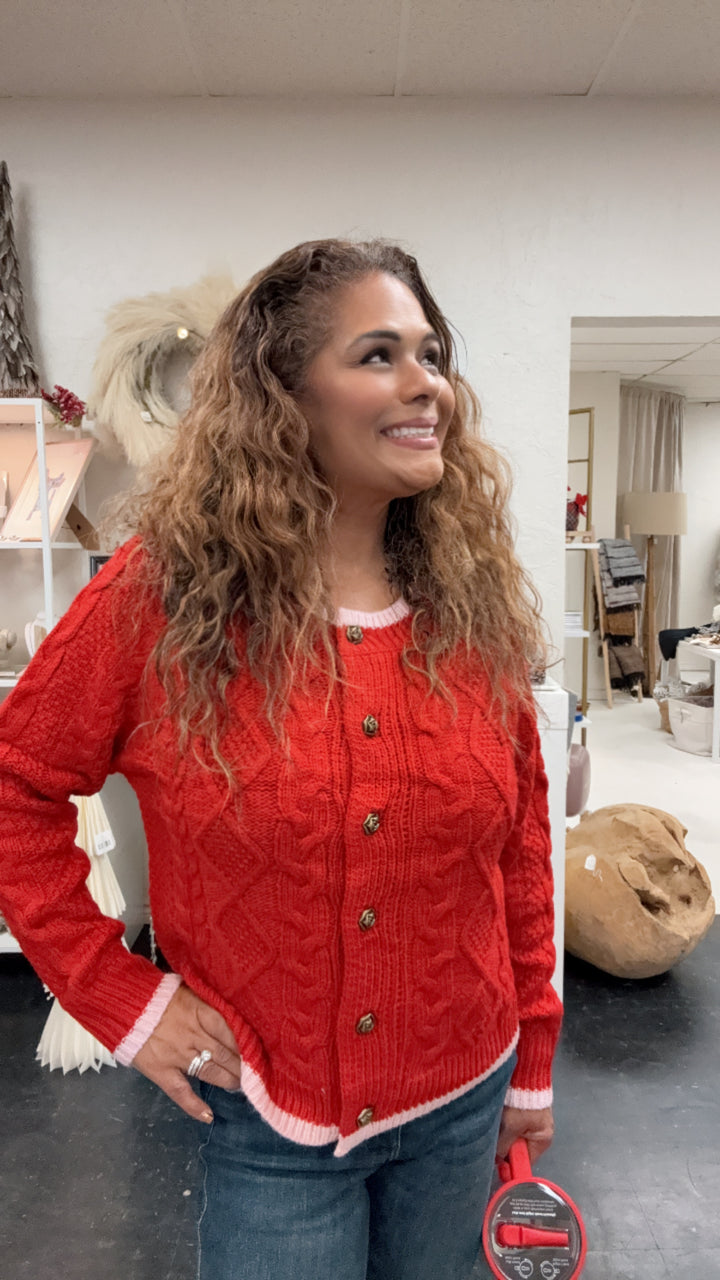 Red Cable Knit Buttoned Cardigan