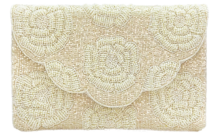 Beige Rose Beaded Clutch