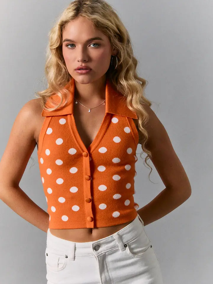 V-Neck Halter Polka Dot Knit Sweater Top