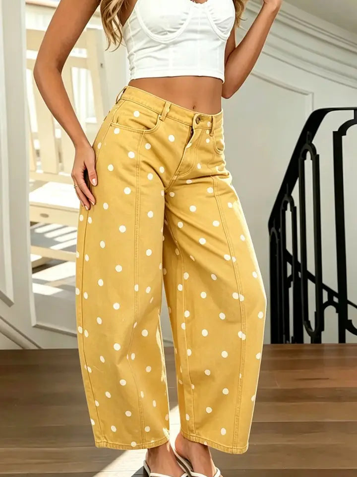 Yellow Polka Dot Wide Leg Barrel Pants