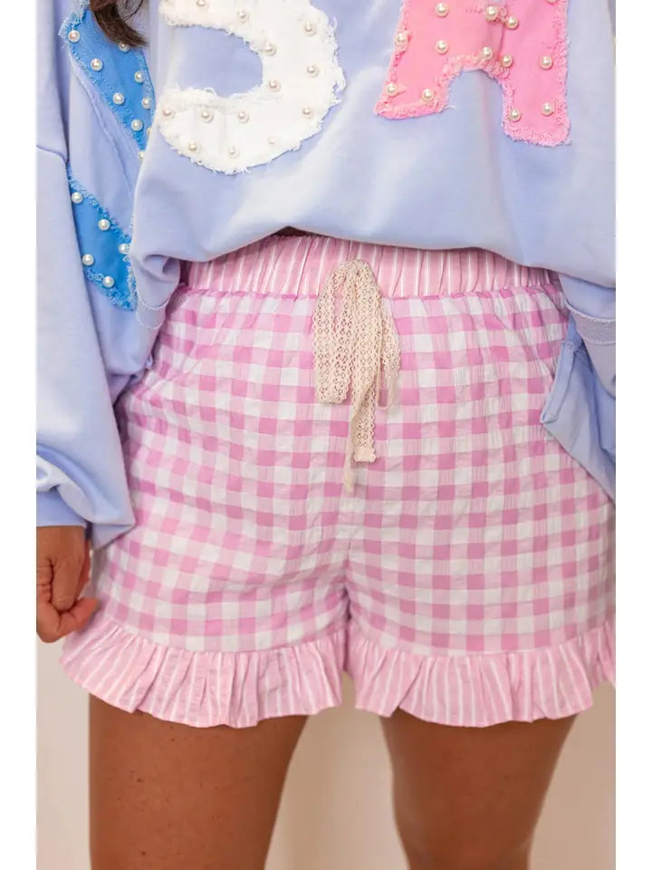 Floral Striped Ruffle Hem Lace Tie Shorts