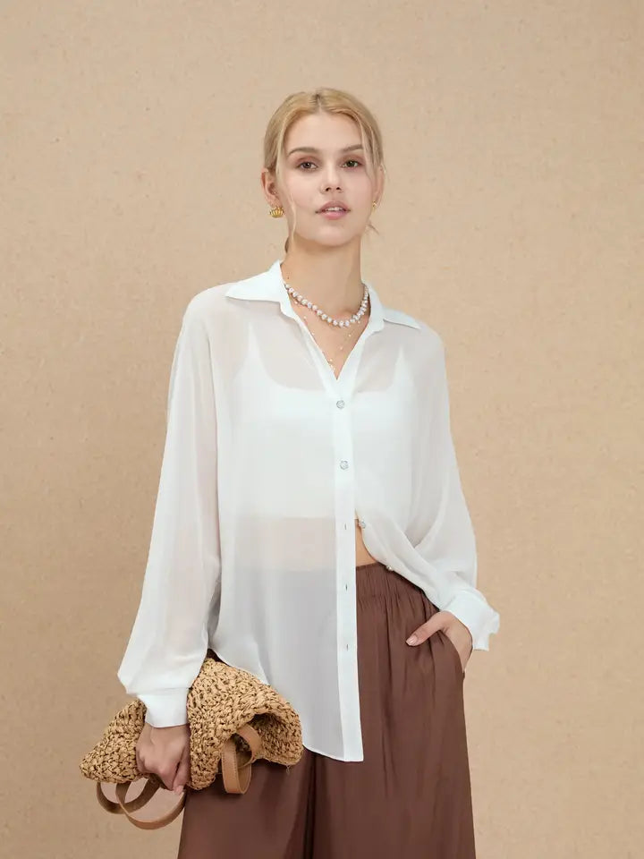 Silk Oversized Pearl Button-Down
