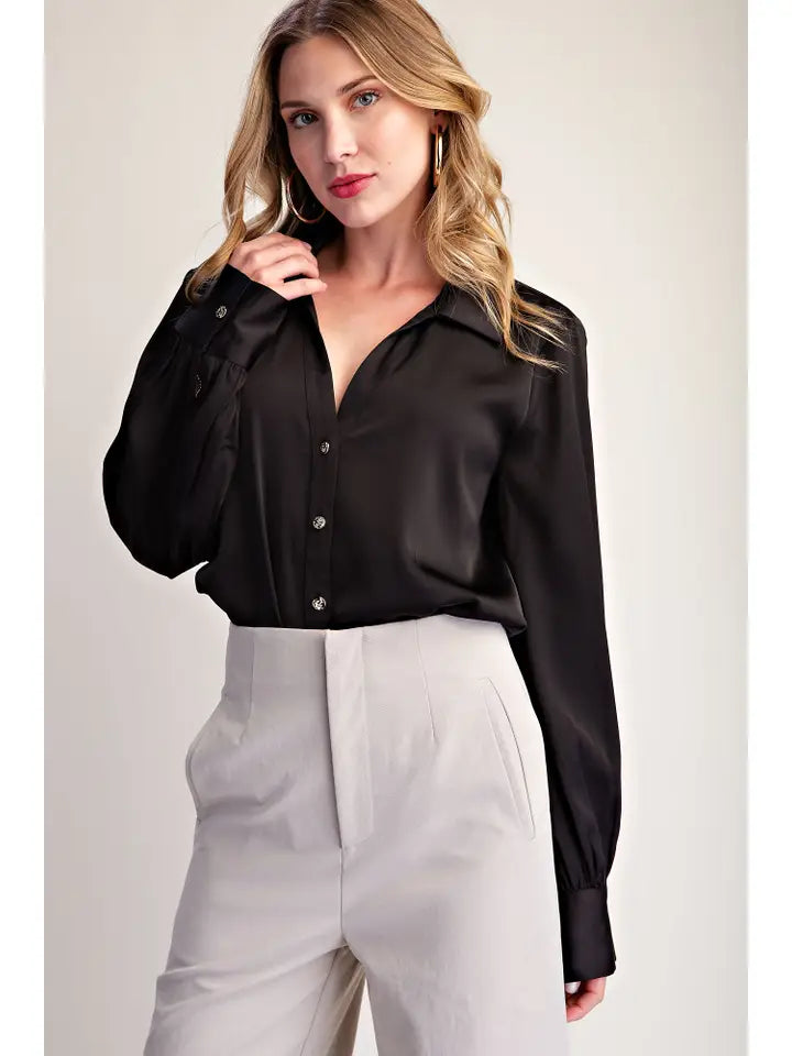 Button Down Shirt V-Collar Neck- Black