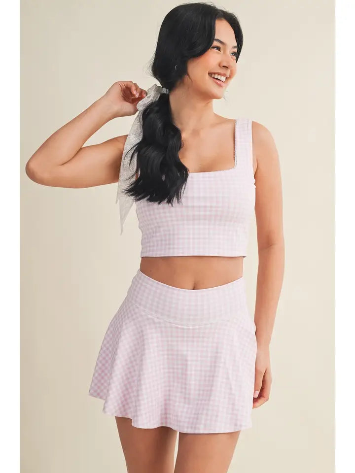 Gingham Print Crop Tank with Lace Trim