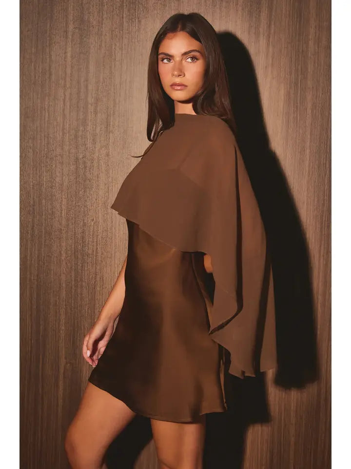 Satin Bias Slip Mini Dress with Sheer Cape