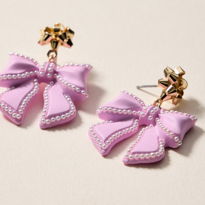Christmas Bow Enamel | Pearl Trimmed Dangling Earrings