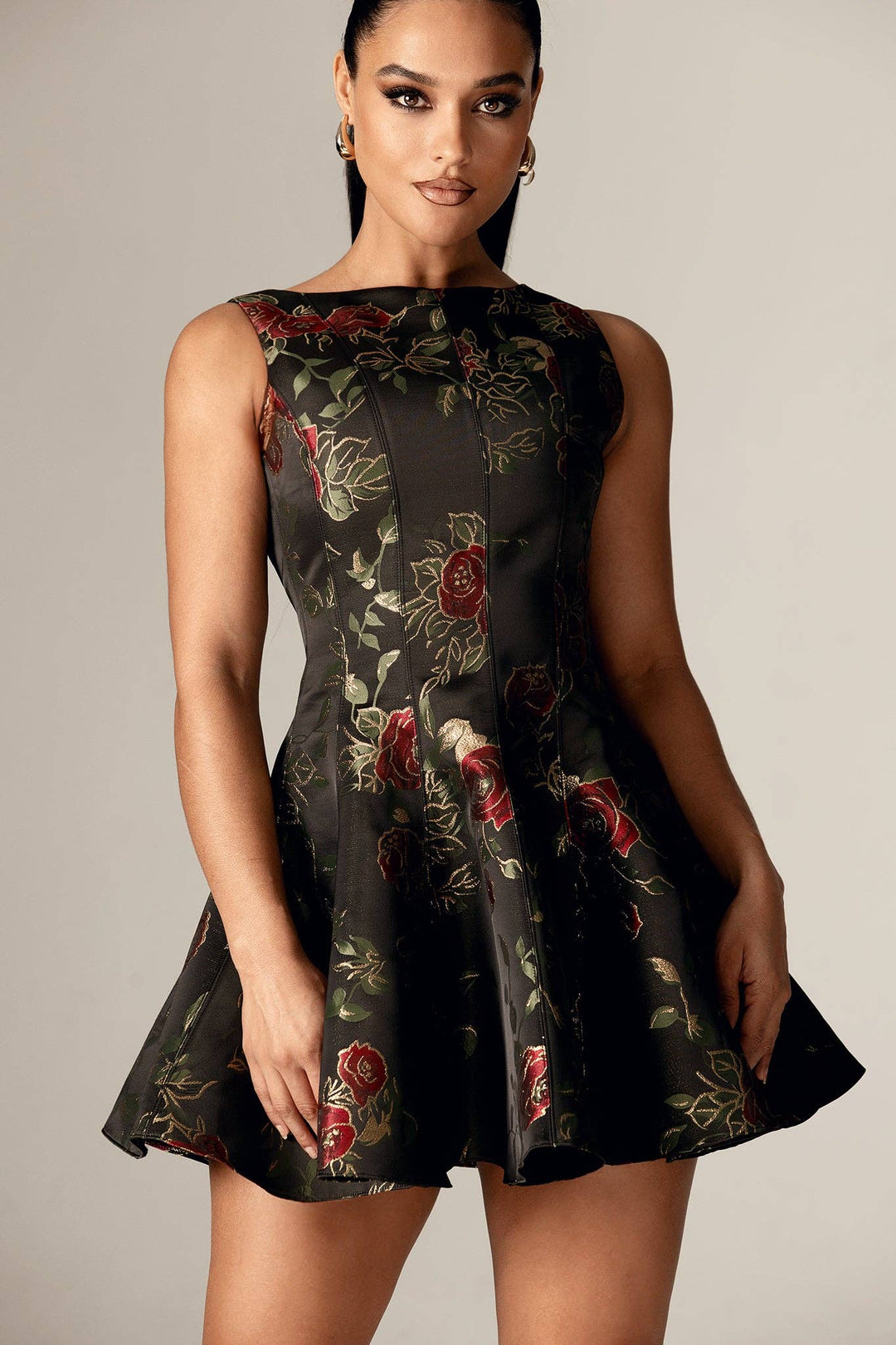 Roselyn Jacquard Rose Mini Dress (Rose Print)