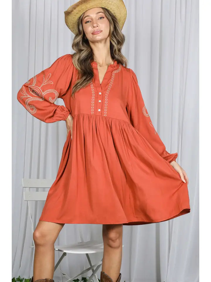Paisley Embroidered V-Neck Baby Doll Dress