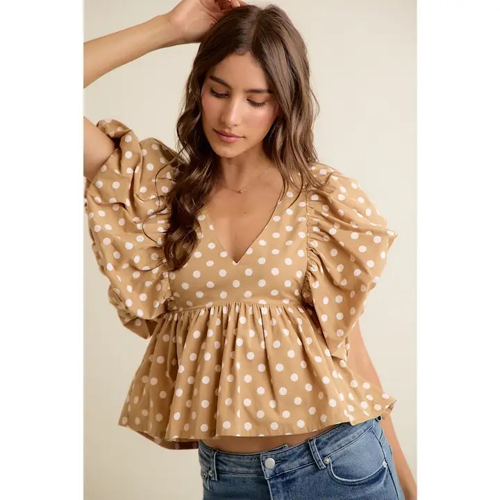 Polka Dot Bubble Sleeves Back Smocked Lined Blouse Top