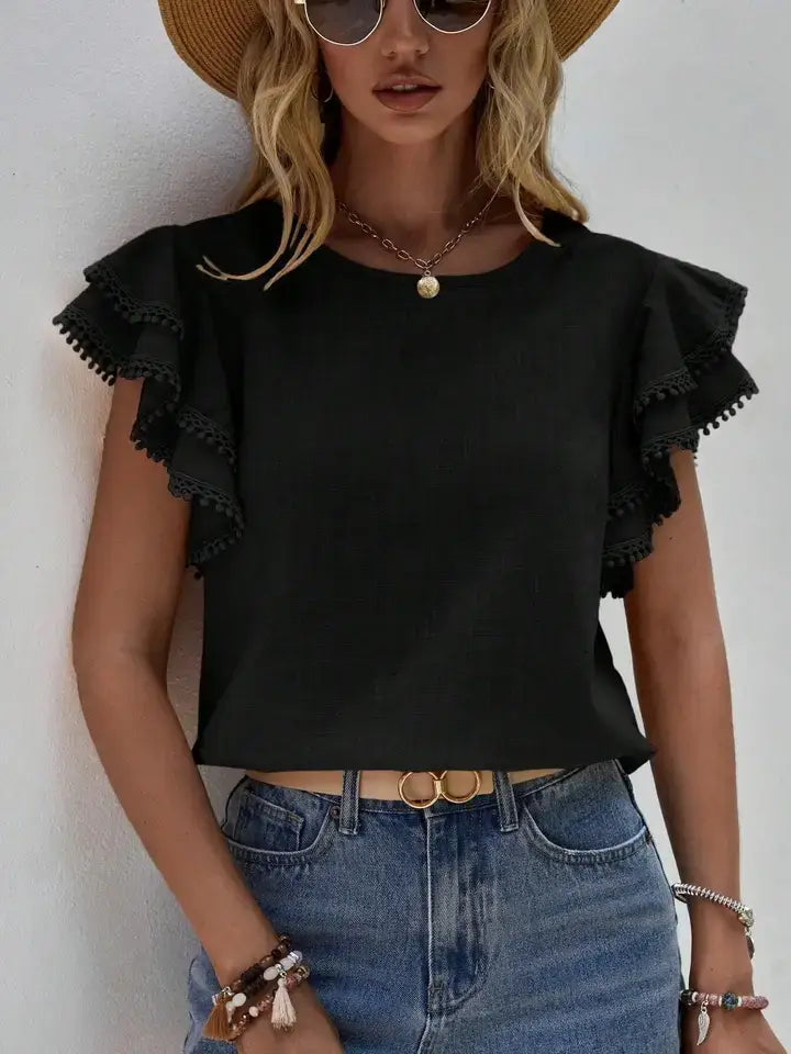 Round Neck Ruffle Sleeve Pom Pom Trim Casual Blouse Top