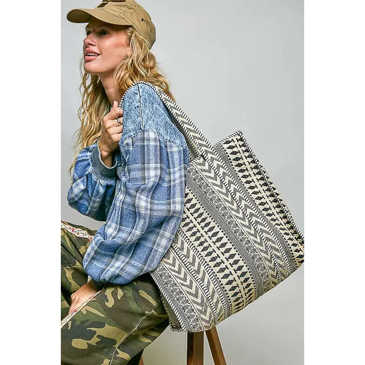 Bohemian Printed Quilted Striped Bias Tape Woven Tote Bag