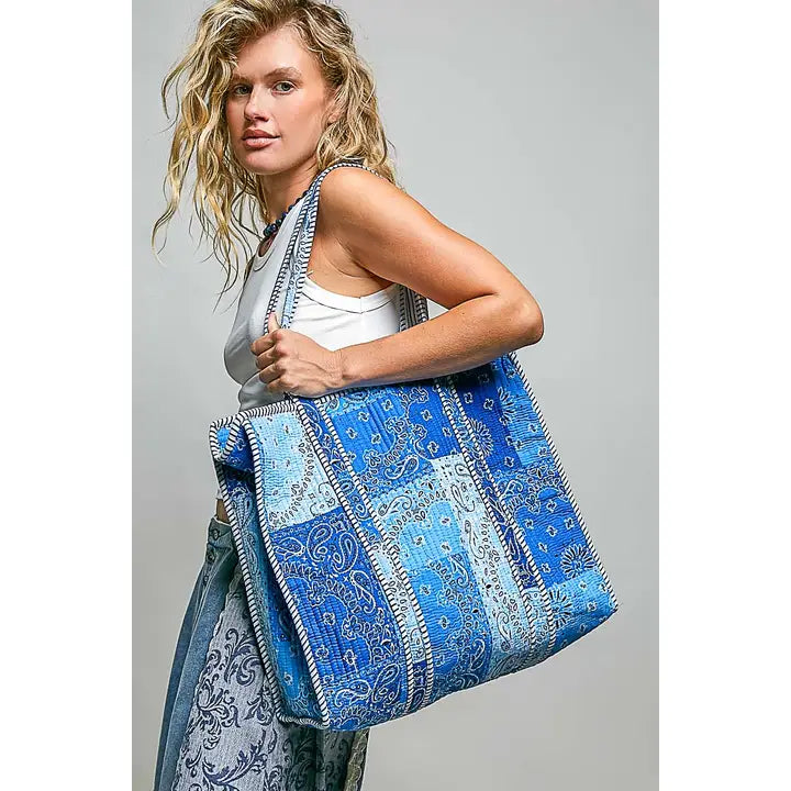Bohemian Printed Quilted Striped Bias Tape Woven Tote Bag