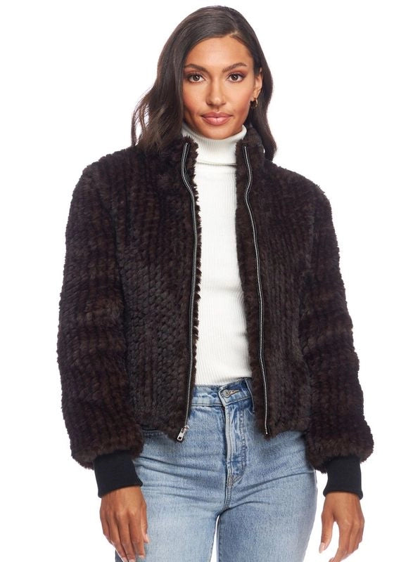 5th Ave Knitted Faux Fur Bomber - Whiskey