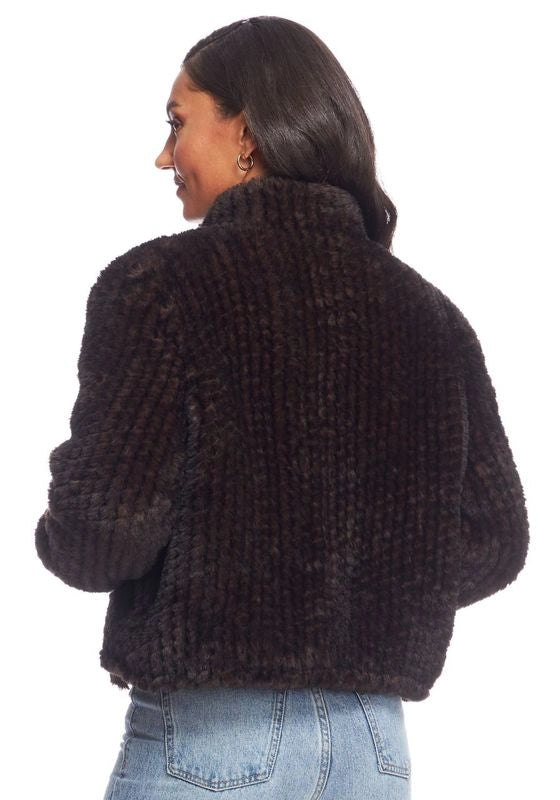 5th Ave Knitted Faux Fur Bomber - Whiskey