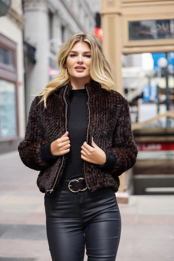 5th Ave Knitted Faux Fur Bomber - Whiskey