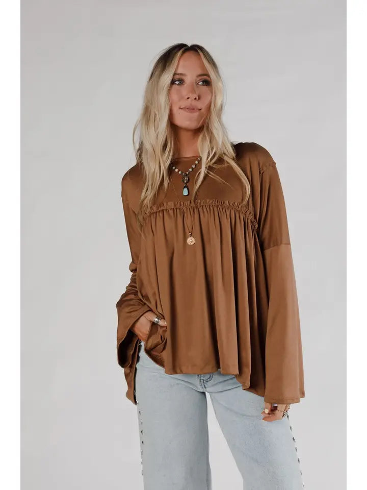 Solid Serenity Long Sleeve Babydoll Top - Chestnut