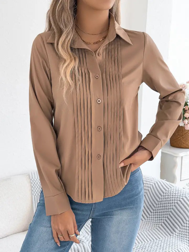 Pleated Long Sleeve Button Down Collared Blouse