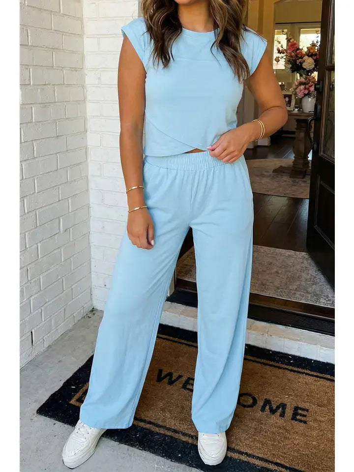 Las Solid Color Cropped Tank Top and Jogger Pants Set