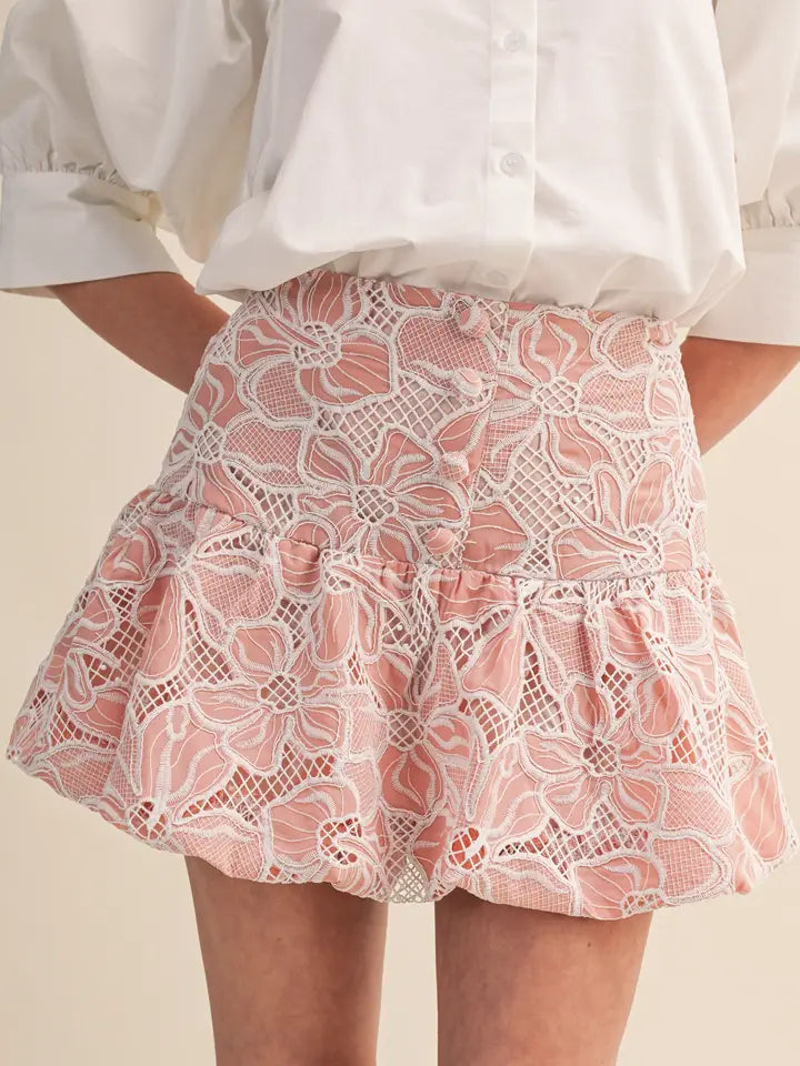 Floral Embroidered Lace Bubble Hem Mini Skirt