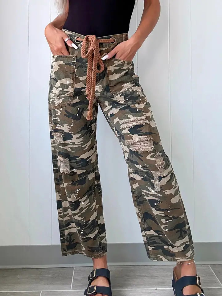 Green Camouflage Print Splashed Distressed Loose Denim Pants