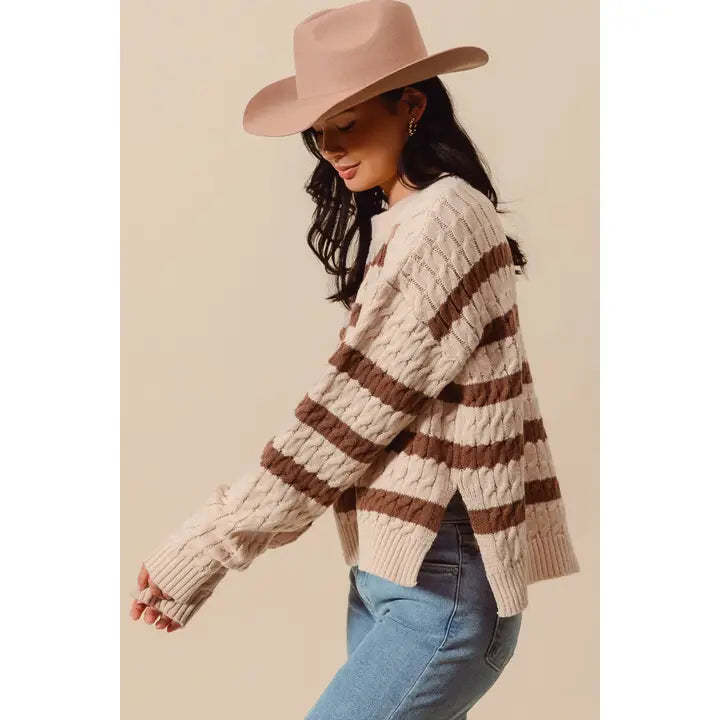 Stripe Cable Knit Sweater Top with Side Slits