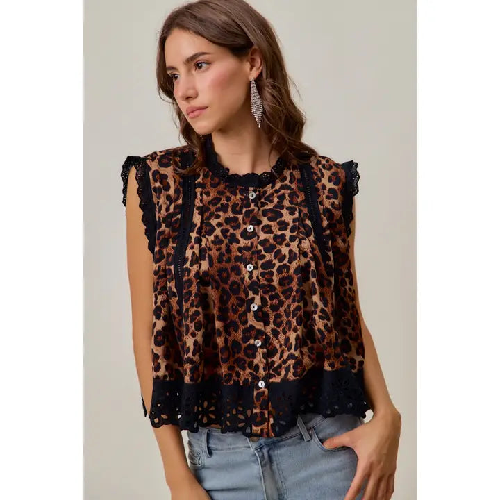 Leopard Button Up Pleated Sleeveless Blouse Top