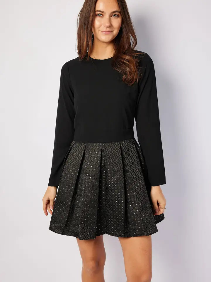 Black & Gold Jacquard Zip Back Mini Dress