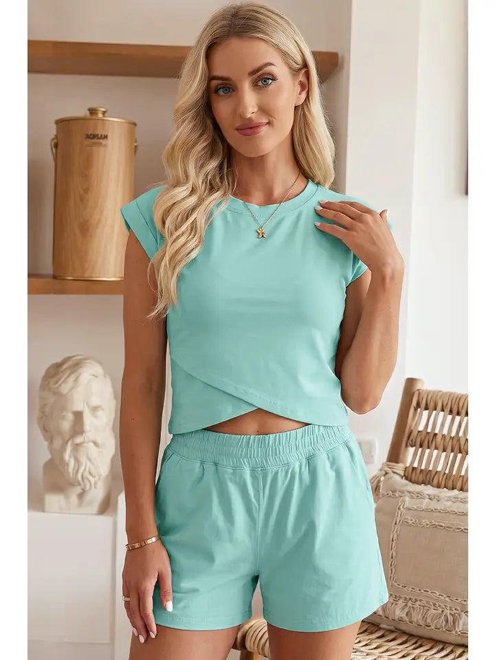 Crossover Cropped Tee and Shorts Lounge Set