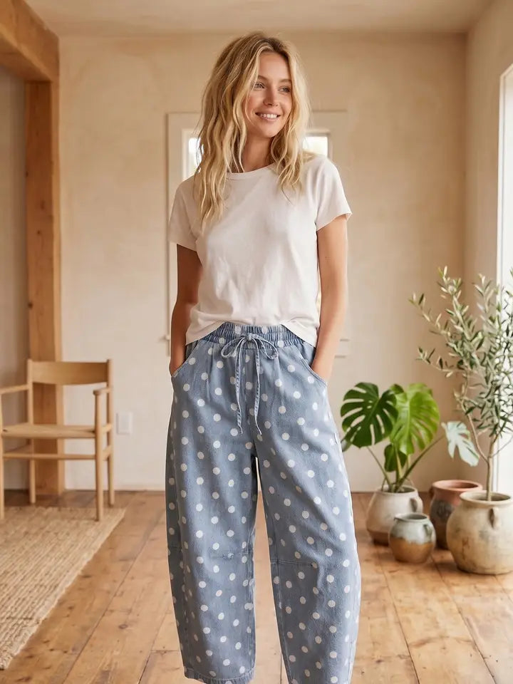 Polka Dot Denim Barrel Pants