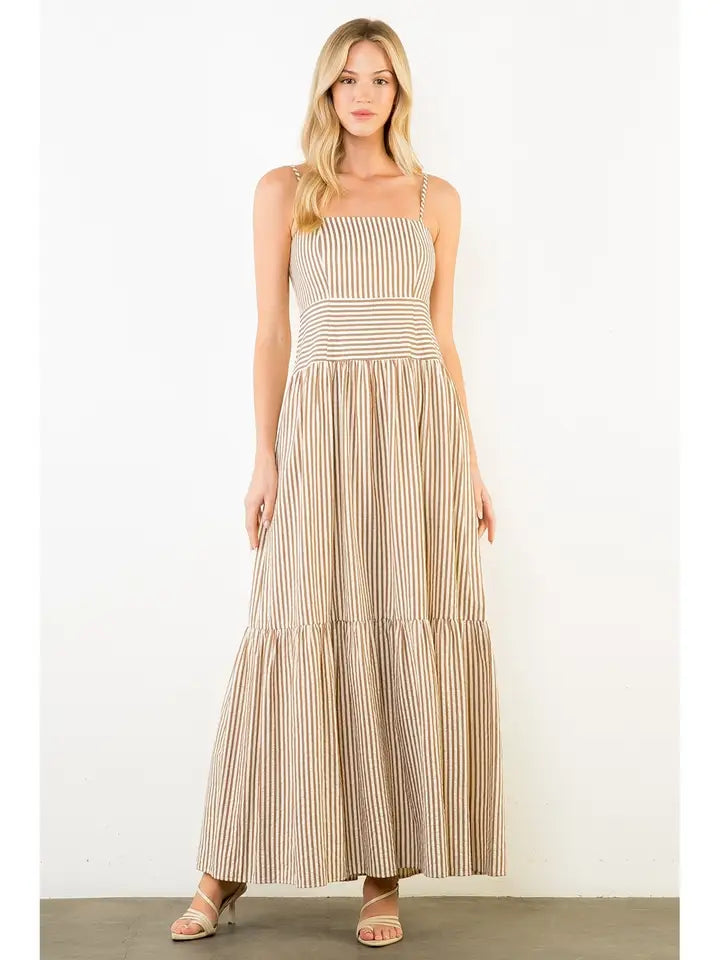 Thin Strap Striped Textured Tiered Dress