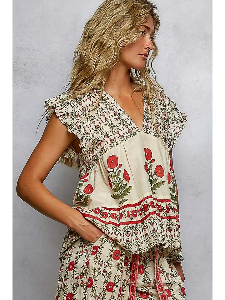 V-Neck Floral Pattern Ruffle Sleeve Top
