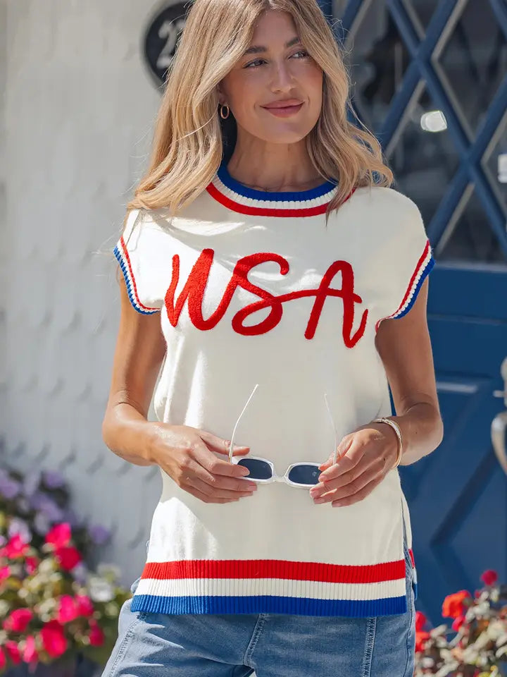 White USA Contrast Striped Trim Round Neck Short Sleeve Sweater