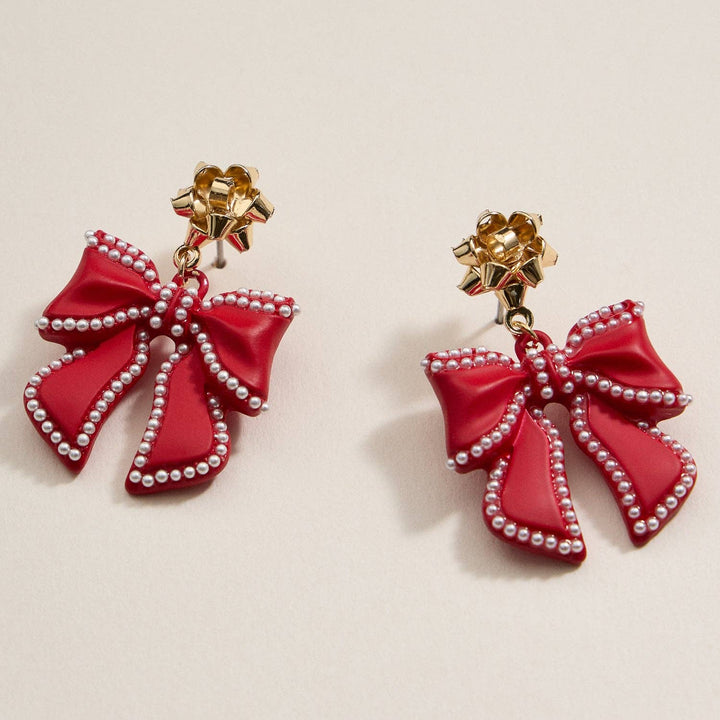 Christmas Bow Enamel | Pearl Trimmed Dangling Earrings