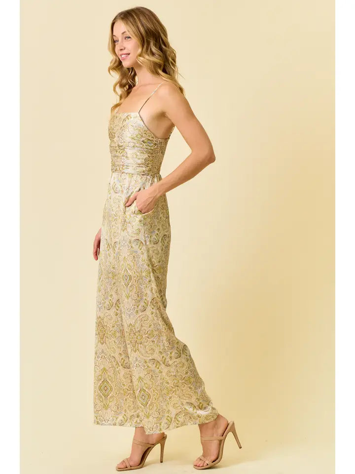 Satin Paisley Babydoll Wide Leg Jumpsuit