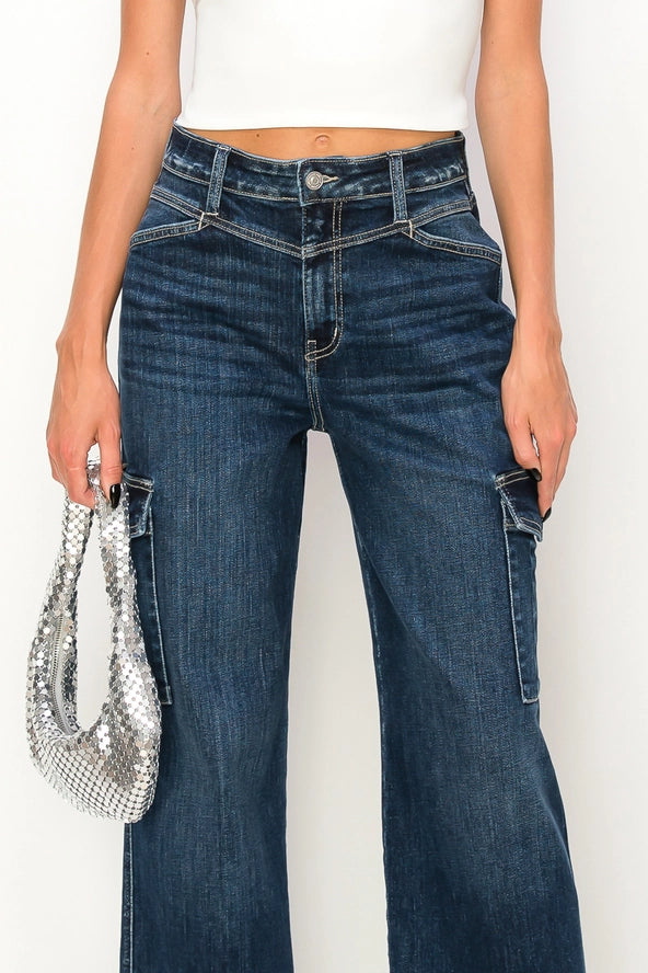 High Rise Wide Cargo Jeans DARK