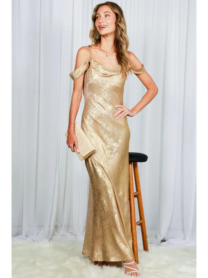 Off-The-Shoulder Strap Detail Metallic Maxi Dress