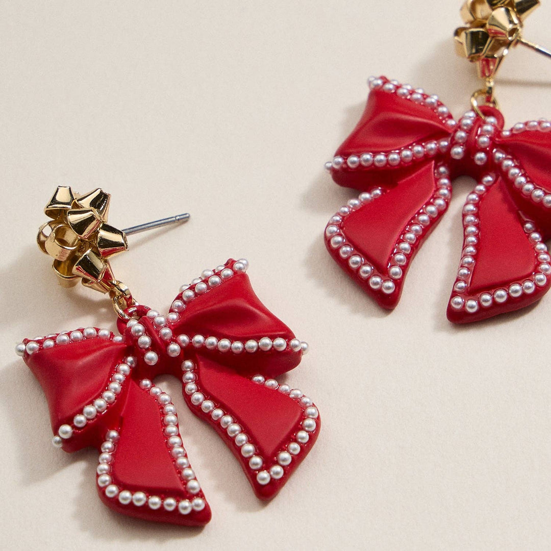 Christmas Bow Enamel | Pearl Trimmed Dangling Earrings