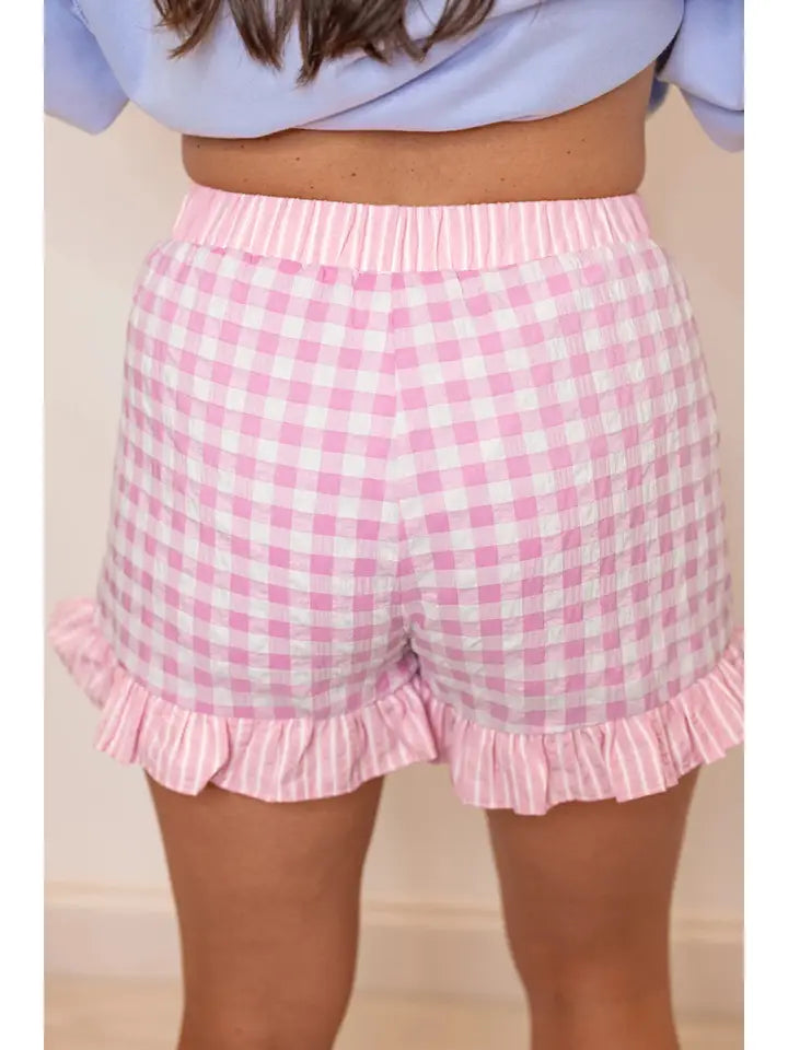 Floral Striped Ruffle Hem Lace Tie Shorts