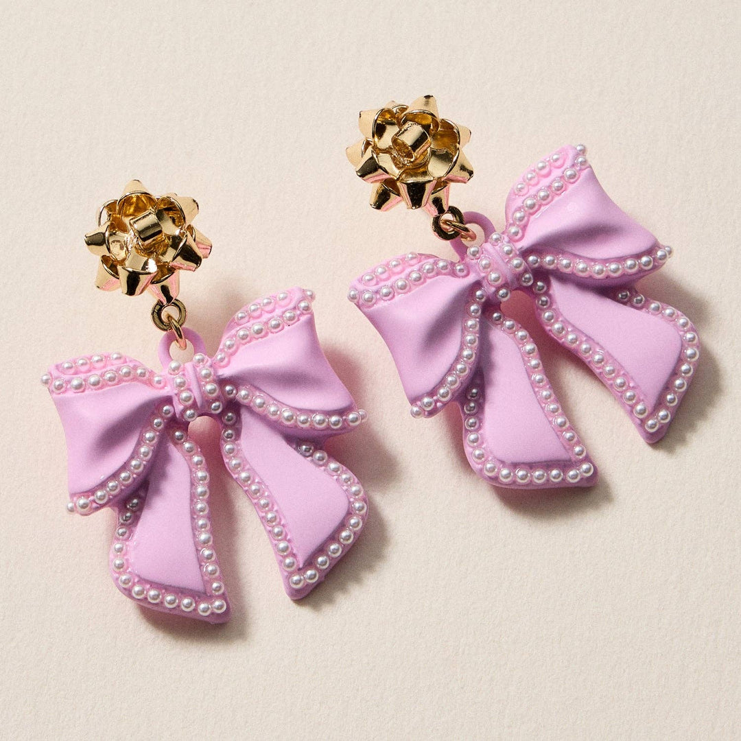 Christmas Bow Enamel | Pearl Trimmed Dangling Earrings