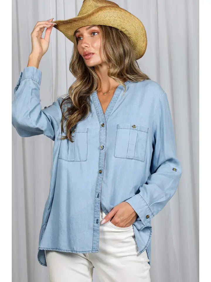 V Neck Long Sleeve Pocket