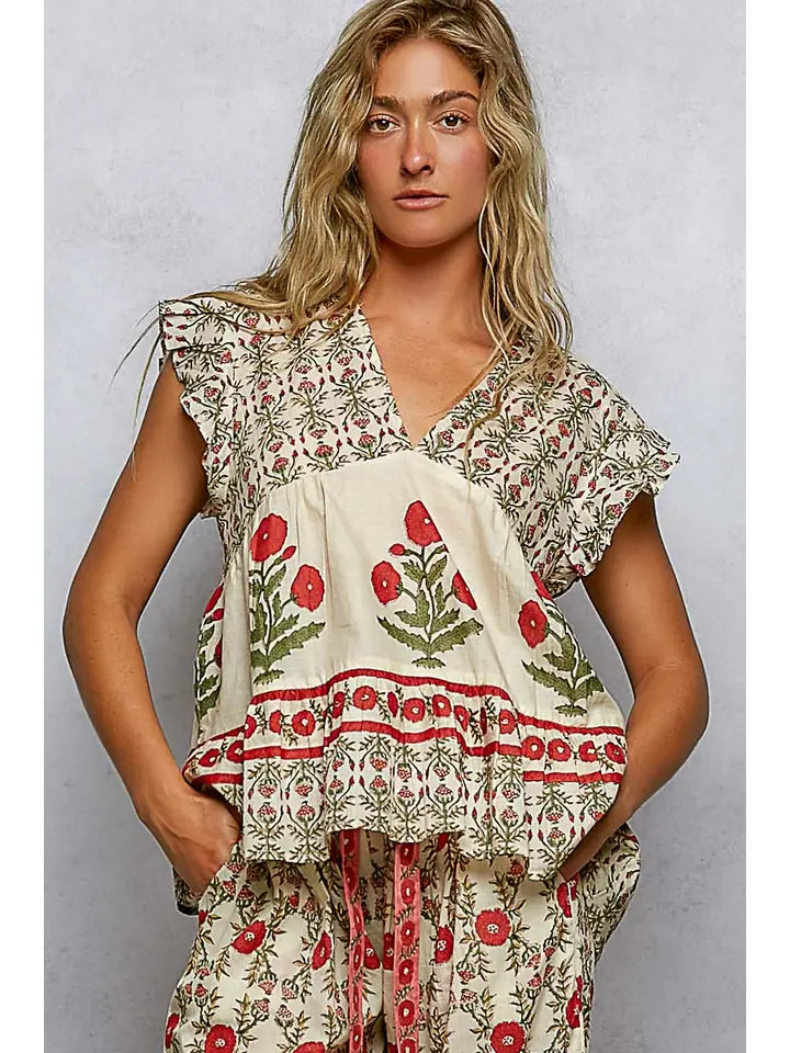 V-Neck Floral Pattern Ruffle Sleeve Top