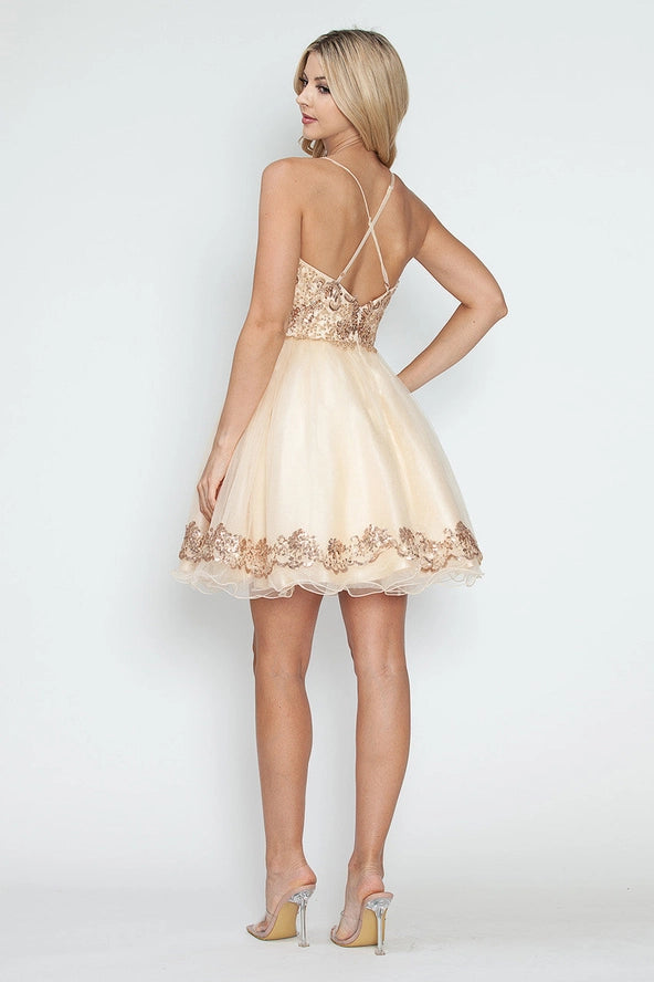 Sequin Bodice Tulle Short Party Dress V-Neck Dress