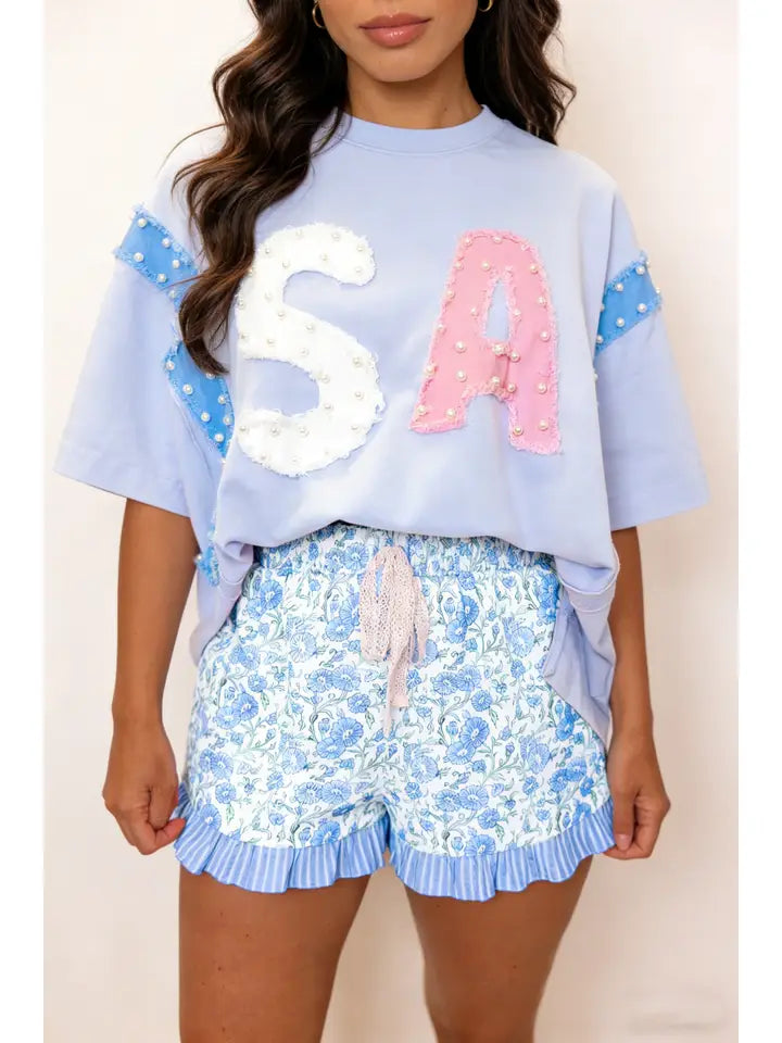 Floral Striped Ruffle Hem Lace Tie Shorts